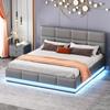 Letto imbottito 160 x 200 cm con LED, rete a doghe in metallo e contenitore, testiera regolabile in altezza e contenitore idraulico, grigio (senza materasso)
