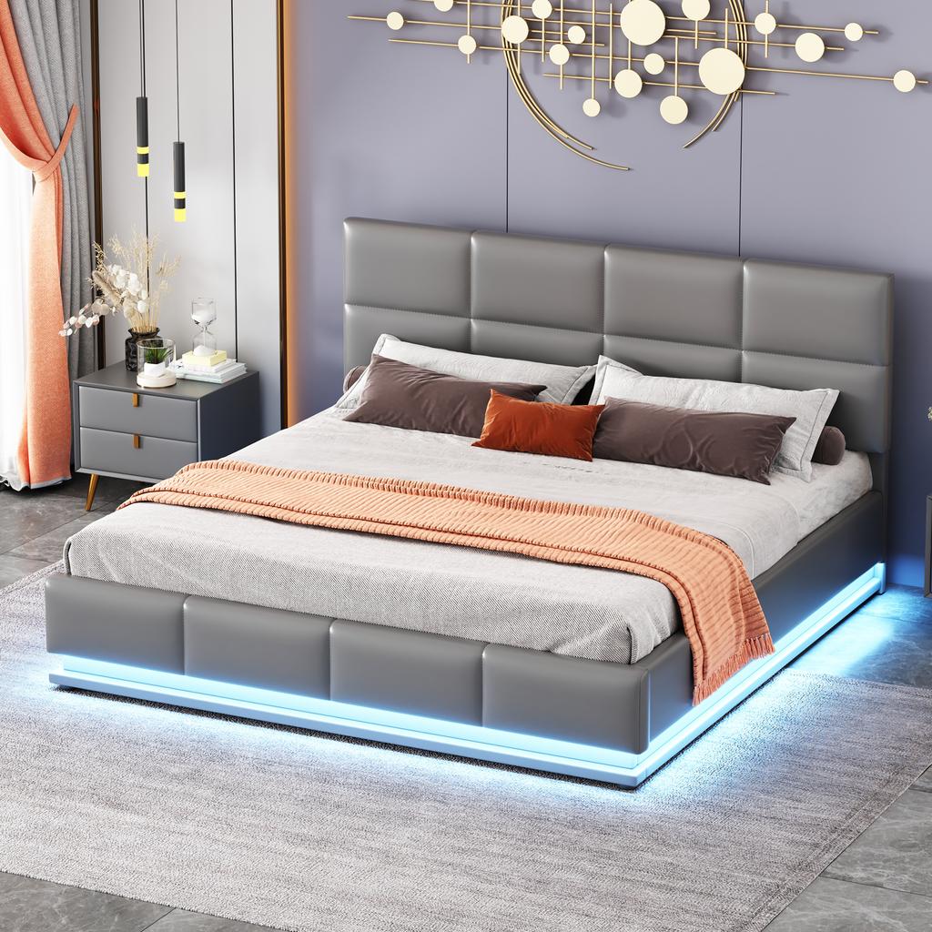 Letto imbottito 160 x 200 cm con LED, rete a doghe in metallo e contenitore, testiera regolabile in altezza e contenitore idraulico, grigio (senza materasso)