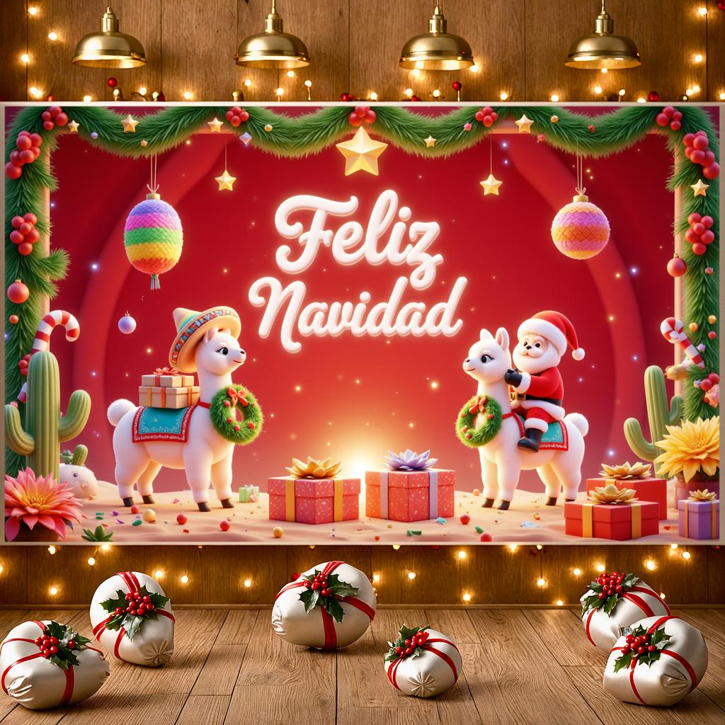 Christmas Banner Colorful Ornaments Navidad Backdrop Santa Claus Background Green Curtains Holiday Display For Christmas Holiday