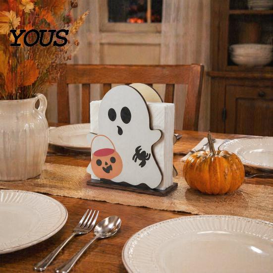 Autumn Seasonal Home Accents Halloween Ghost Wooden Napkin Holder, Cute Paper Towel Decorative Cartoon Table Decoration Stand, Freestanding