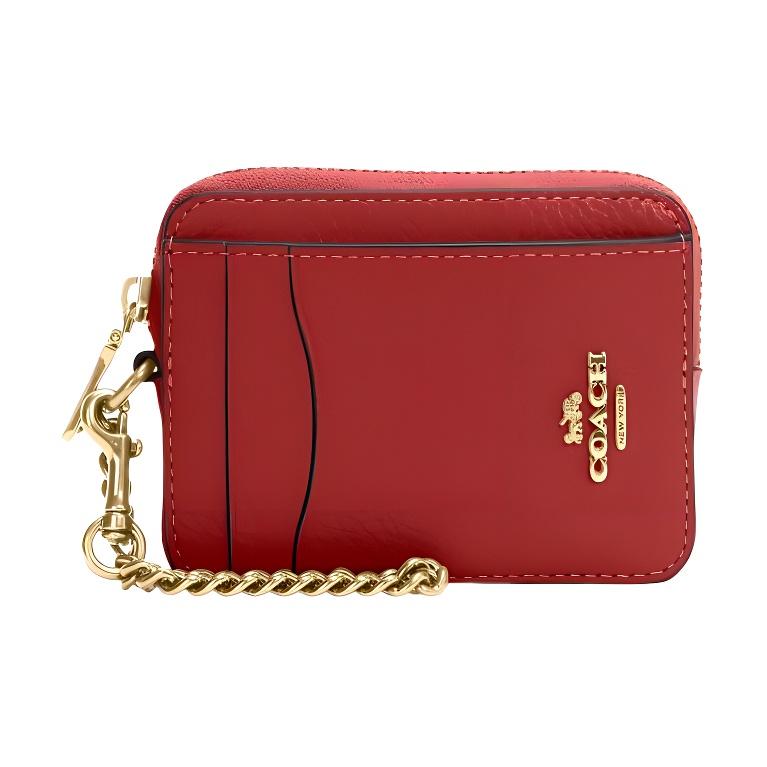 Coach Card Case With Zipper Closure And Chain Wrist Strap In Pebble Leather Mini Wallet Women Wallets Red 6303-IMP1Y