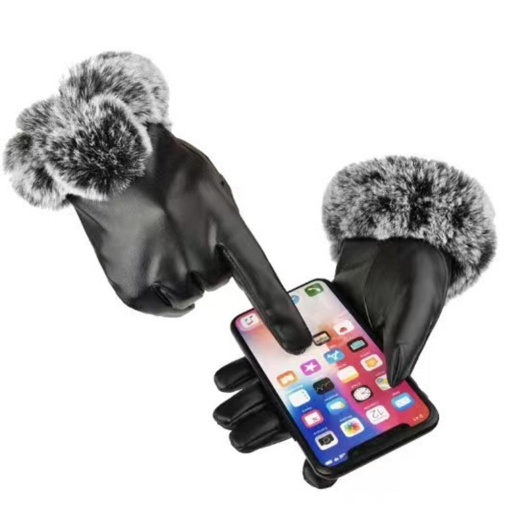 Winter Women's Imitation Rabbit Fur Mouth Pu Gloves Velvet Warm Riding Driving Touch Screen Full Finger
