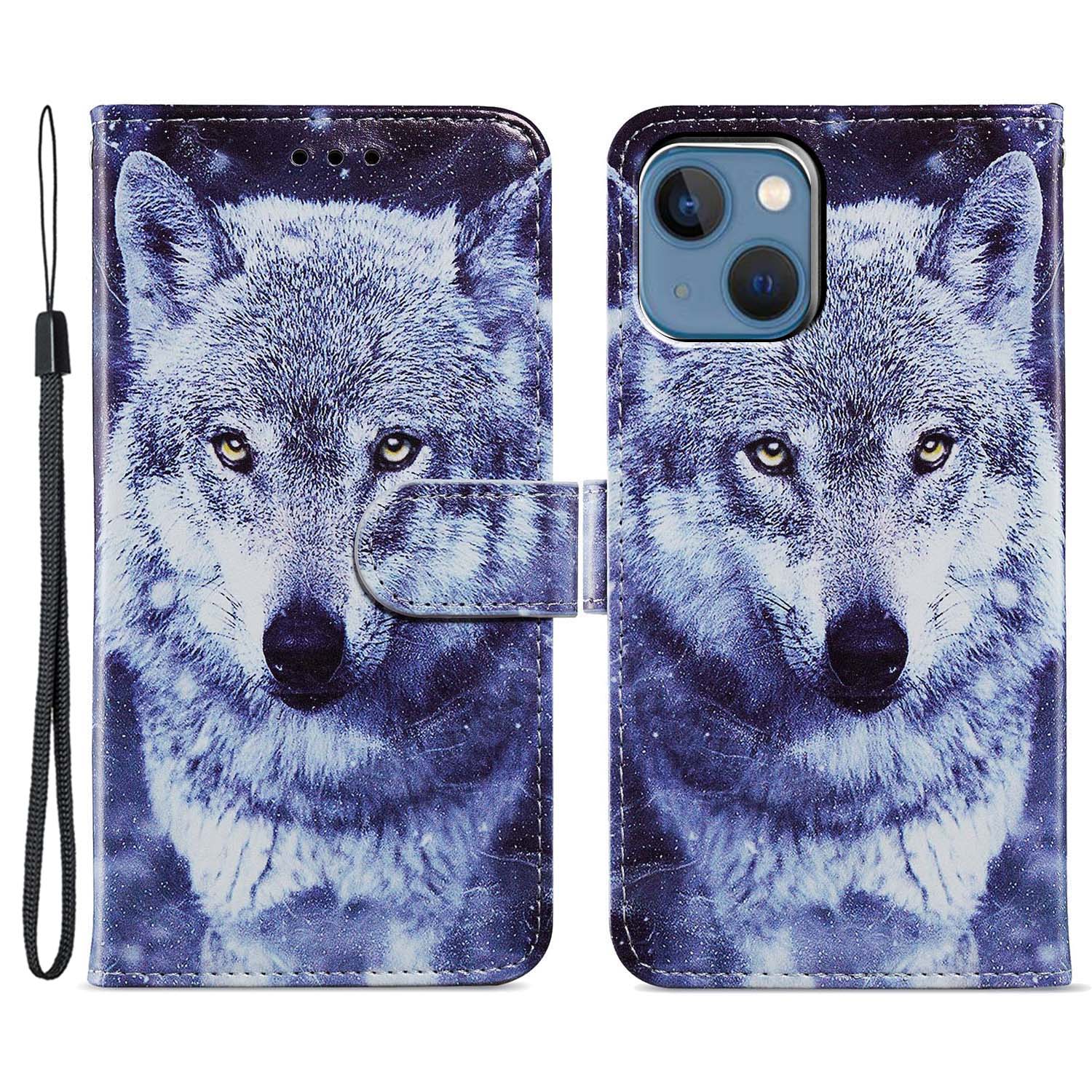 

For iPhone 15 PU Leather Flip Cover Wallet Stand Pattern Printing Phone Case with Strap White Wolf