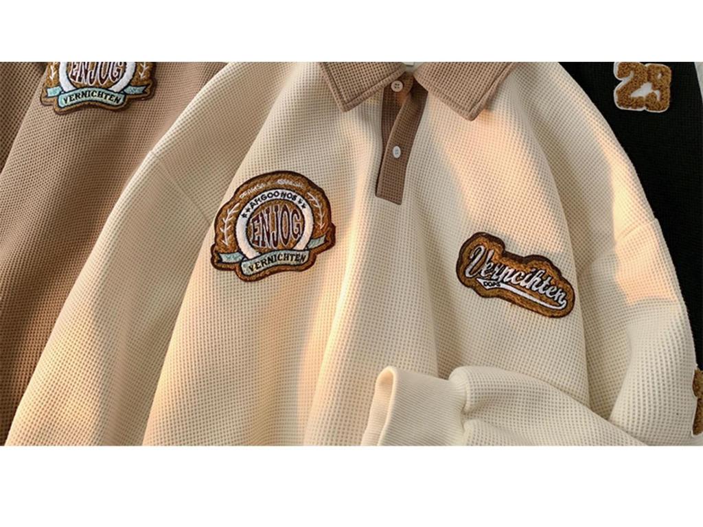 Męska bluza polo waflowa: Modny Haftowany Kołnierz, Styl Retro Amerykański, Ciężka Kurtka z Długim Rękawem na Wiosnę i Jesień