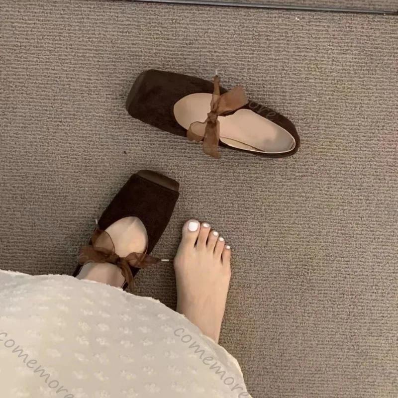 Fashion Comemore French Retro Style Ballet Single Shoes Women Square Head Soft Bottom Mary Jane Shoes Solid Color Lace Up Casual Flats