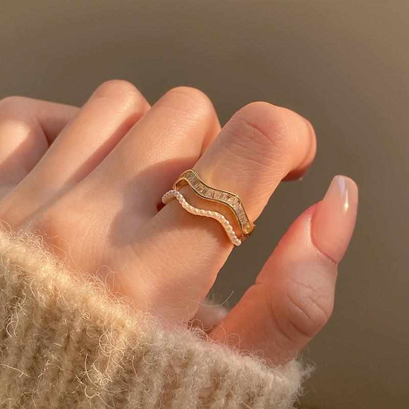 Elegant Korean Style Double Layer Wave Pearl Zircon Open Adjustable Ring For Women