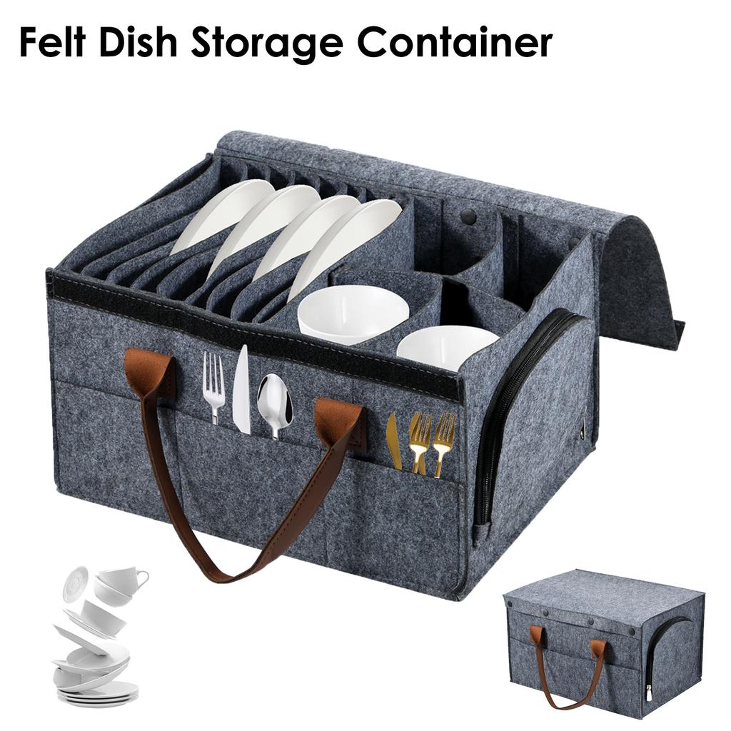 Felt Plate Storage Bag Dinnerware Protection PU Handle Dustproof Camping Tableware Storage Container with Removable Dividers