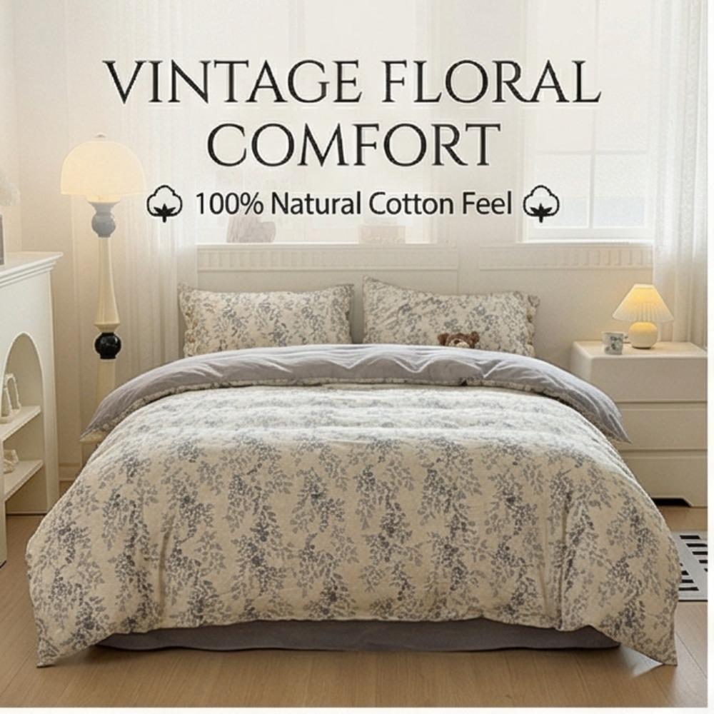 Pure Cotton Four-piece Set - Retro Floral Buttoned Bed Sheets and Pillowcases Set