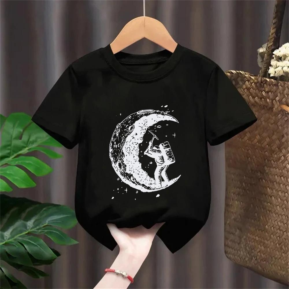 Kids 100 Cotton Moon Print Casual Summer Cool Short Sleeve Boys and Girls Tshirt Tee Tops