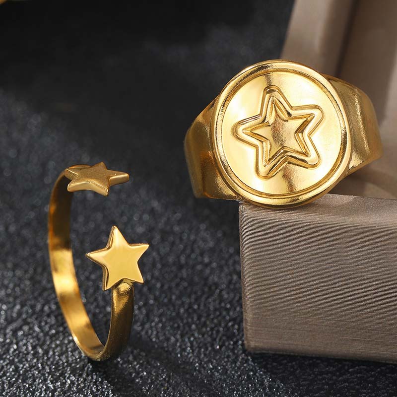 Stainless Steel Gold Color Pentagram Pattern Rings Set For Women Punk Metal Star Opening Adjustable Finger Ring Jewelry