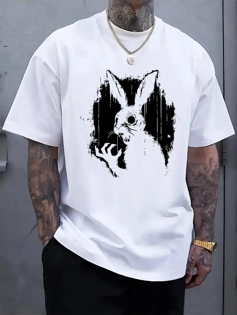 1pc Weird Black and White Rabbit Print Short Sleeve T-shirt XXXXL