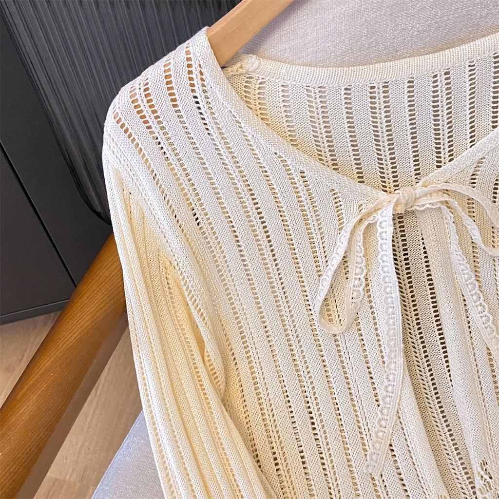 Dámský lehký letní svetr s dutým úpletem, krátký kardigan, jemný top