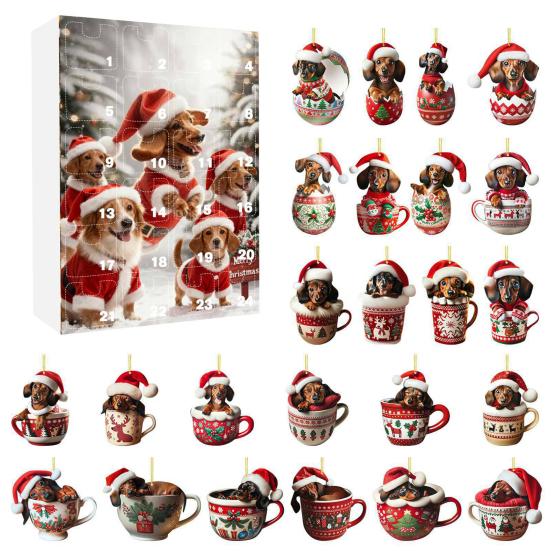 2025 Dackel in Tasse Adventskalender 24-Tage Weihnachts-Countdown-Box mit Acryl-Ornamenten Süßes Geschenk für Hundeliebhaber