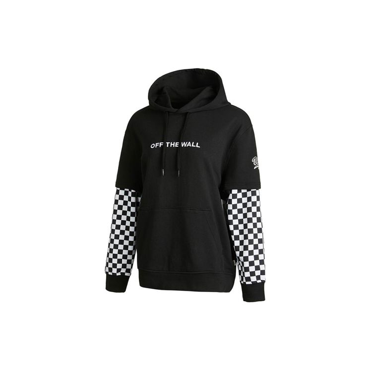 Vans Embroidered Logo Checkered Print Faux Two-Piece Hoodie Women Tops Black VN0A4UTNBLK