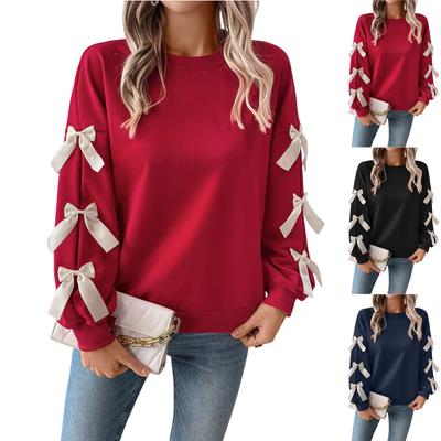 Women's Fashion Casual Sweet Loose Round Neck Bow Red Christmas Pullover Sweatshirt