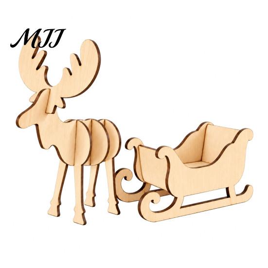 Creative Painting Project for Christmas Wooden Elk and Sleigh Tabletop Ornament, DIY Wood Art Craft Natural Gift Children Festive Holiday Decoration,