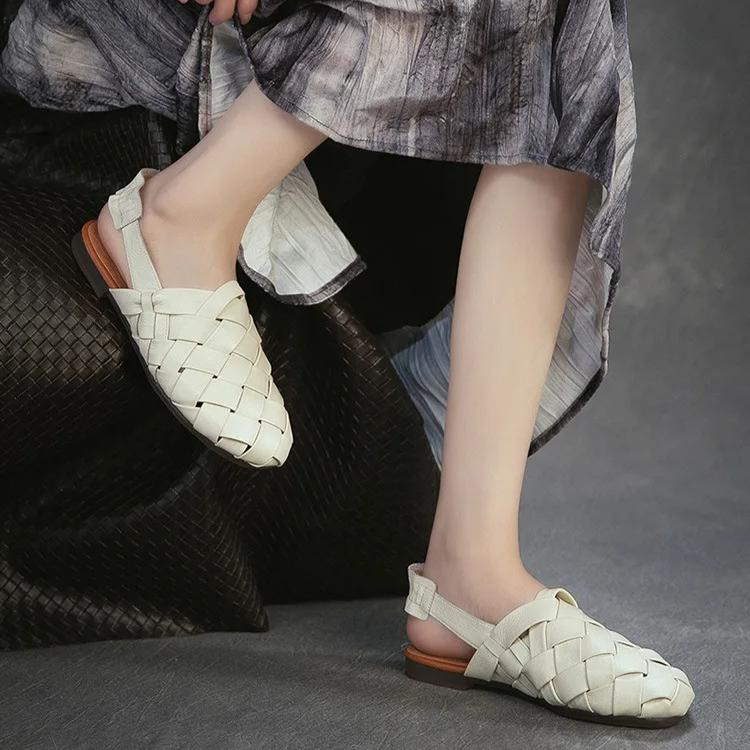 Johnature Ręcznie tkane sandały na płaskiej podeszwie z prawdziwej skóry, z okrągłym noskiem. Codzienne, wszechstronne buty damskie