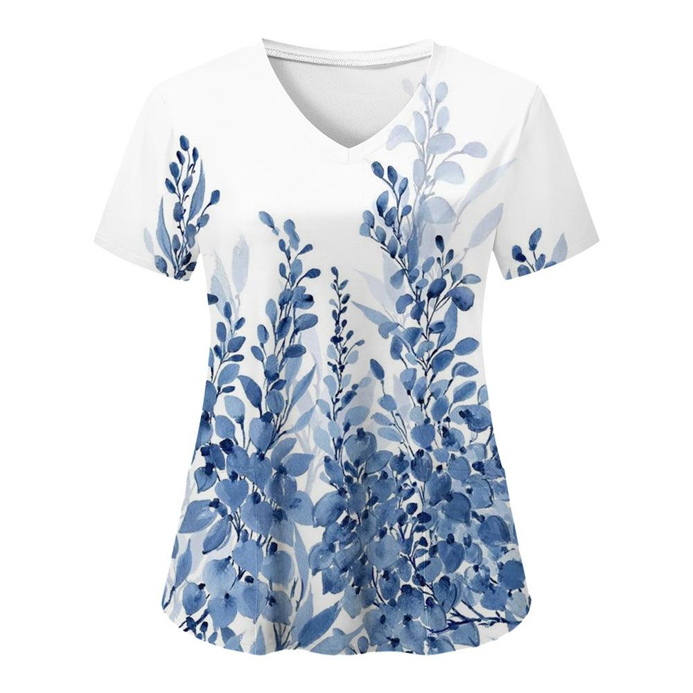 Willow Print Women's T-shirt V-neck Nurse Uniform Comfortable Short Sleeved Women's T-shirt