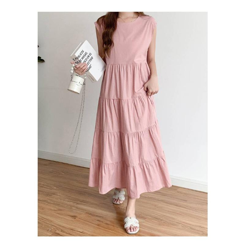 Patchwork Solid Color Long Skirt Sleeveless Commuter Crew Neck Dress