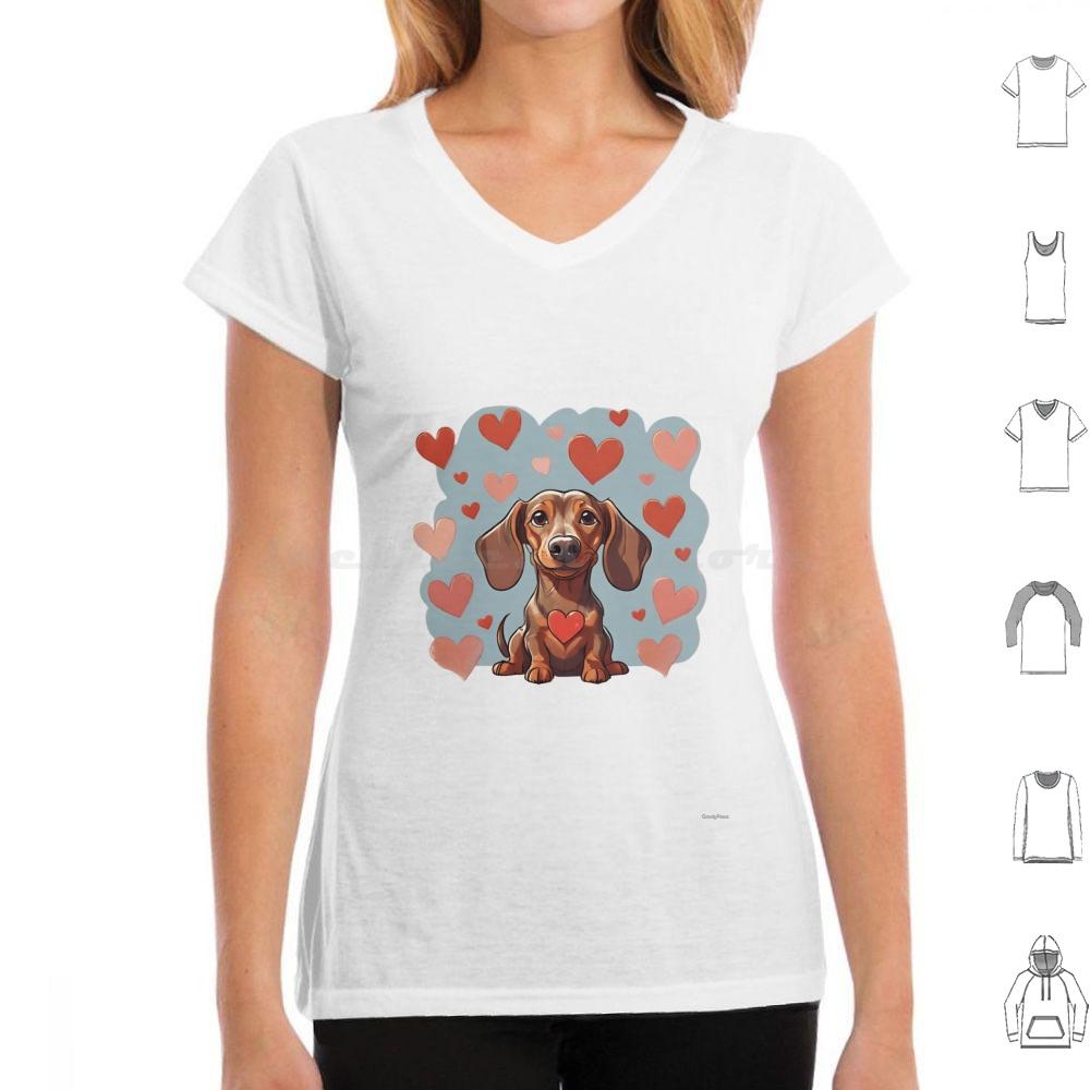 Cute Valentine Daschound Dog T Shirt Cotton Men Women DIY Print Dog Breeds Cute Dog Dog With Hearts Valentine Dog Animals