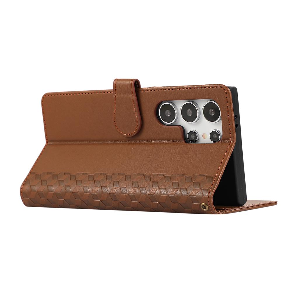 For Samsung Galaxy S25 Ultra Case 3D Rhombus Grid Imprinted Wallet Leather Phone Cover with Lanyard