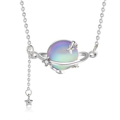Original S925 Sterling Silver Moonstone Planet Necklace Female Niche Design Tassel Long Collarbone Chain