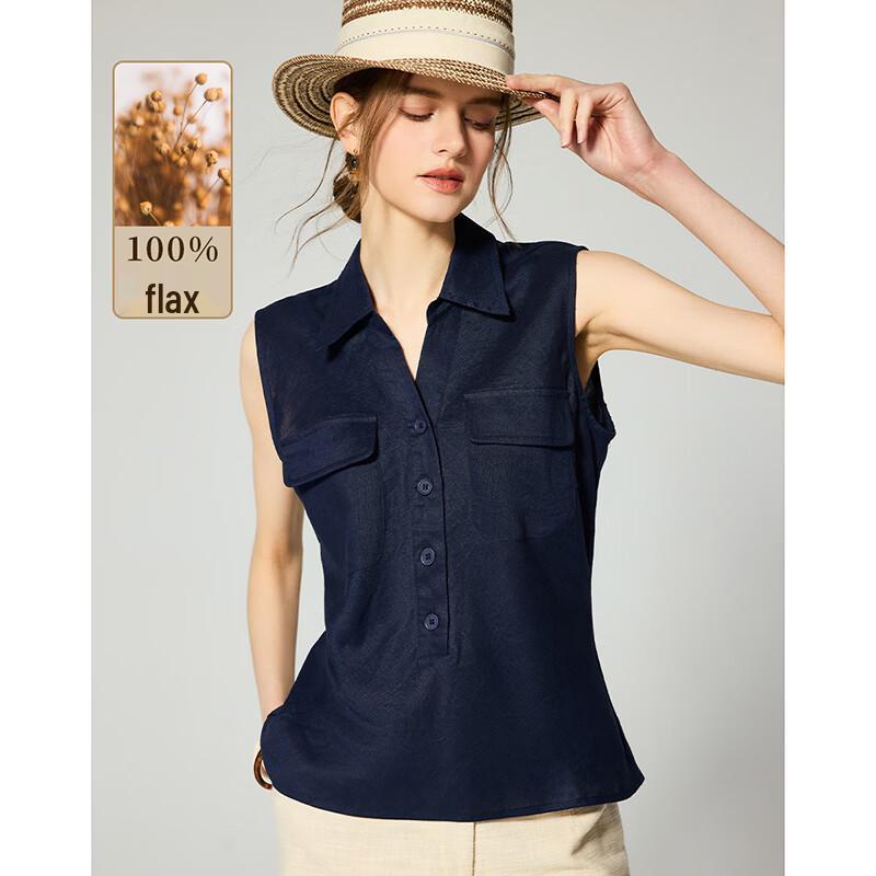 Women s 100% Linen French Lapel Vest Top M темно-синий
