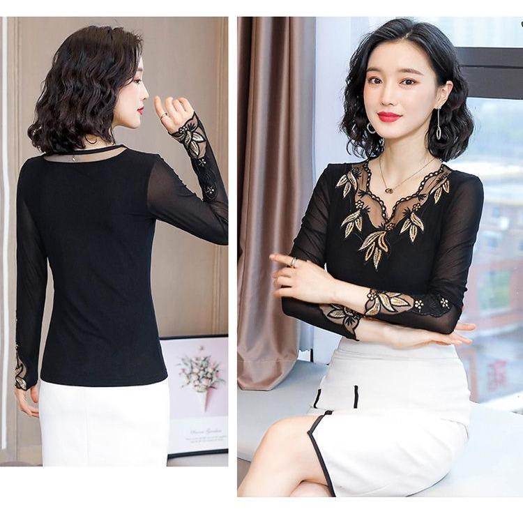 Elegant Lace Long Sleeve Top Women Spring Autumn Slim Fit Sheer Mesh Blouse Fashion Inner Wear