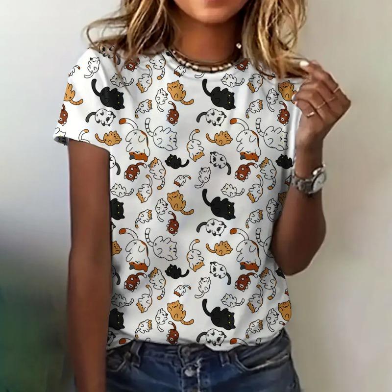 Tricouri cu mâneci scurte, cu mâneci scurte, cu pisicuță, cu desene animate, top casual, din bumbac pur, cu gât rotund