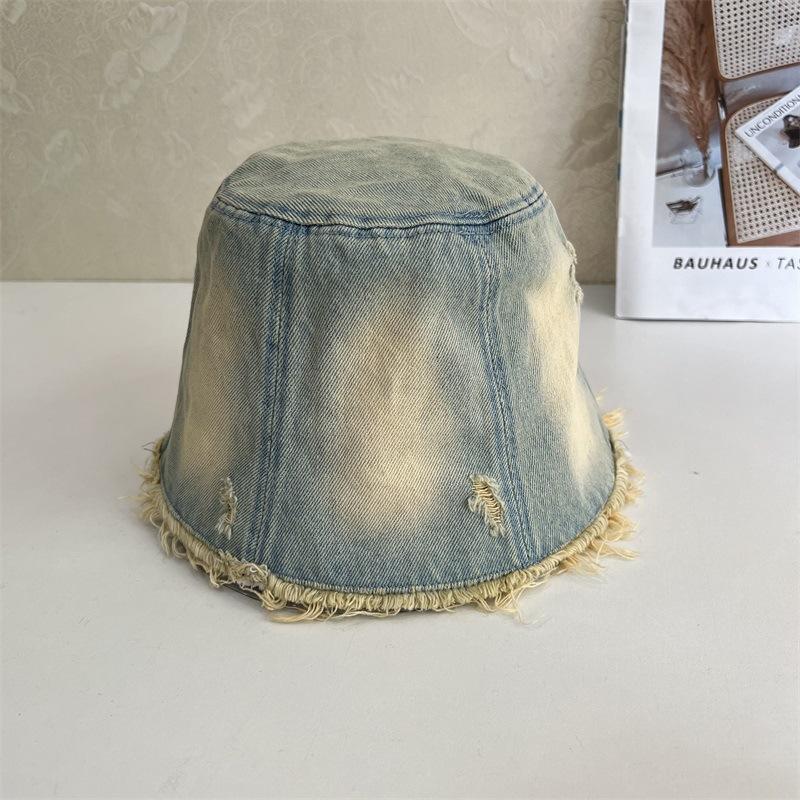 

New retro washed old ripped denim fisherman hat children show face small burr edge bucket hat tide M（56-58cm） світло-синій колір