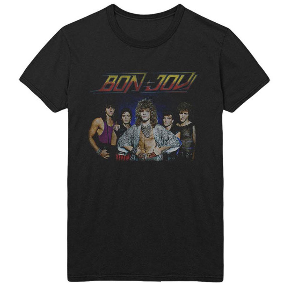 Men s Bon Jovi Tour 84 (Back Print) Slim Fit T-shirt Large Black S