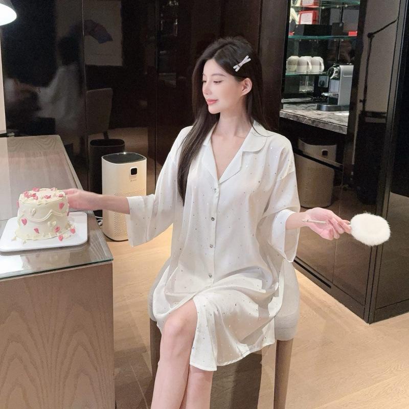 Pajamas Women's Summer Ice Silk Shirt Skirt Short Sleeve Loose Korean Sequins Sweet Premium White Internet celebrity Thin