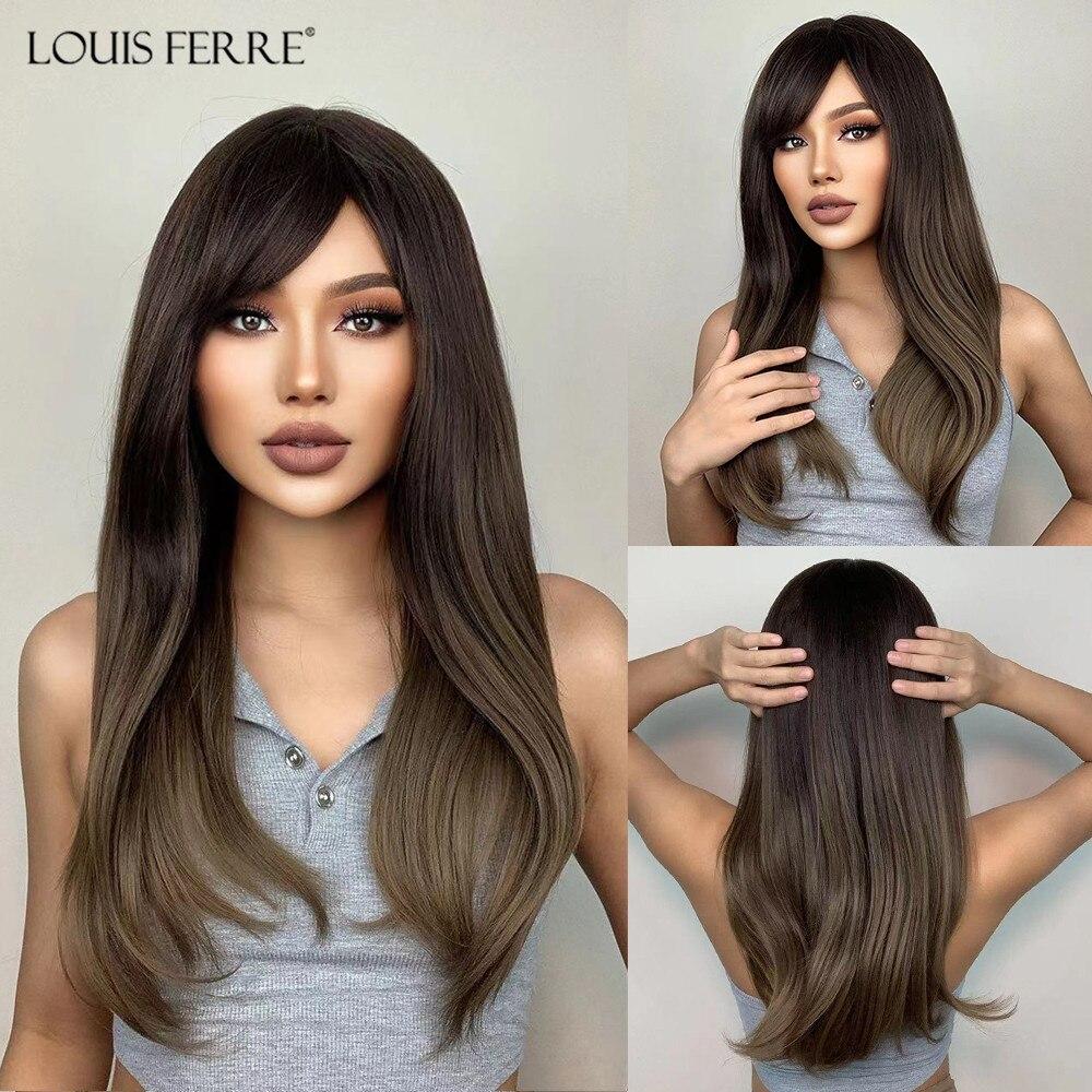 LOUIS FERRE Blonde Long Synthetic Wigs With Bangs Light Blonde Natural Straight Wig for Women Daily Cosplay Heat Resistant Hair