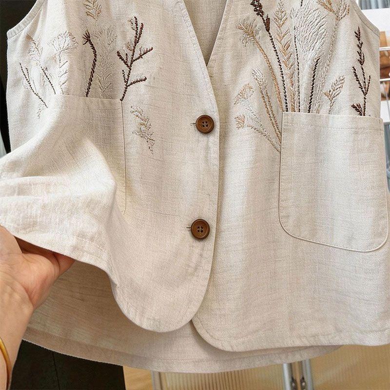 Women Floral Embroidered V Neck Button Front Cotton Vest