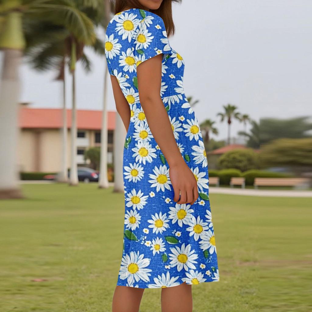 Ladies Summer Fashion Casual Floral Print V-Neck Short Sleeve Pocket Dress