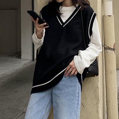 Y2K Stil kadın Örme Kazak Yelek Yeni Büyük Boy Triko Tüm Maç Kazak V Yaka Kolsuz Kızlar Retro Süveter Tops