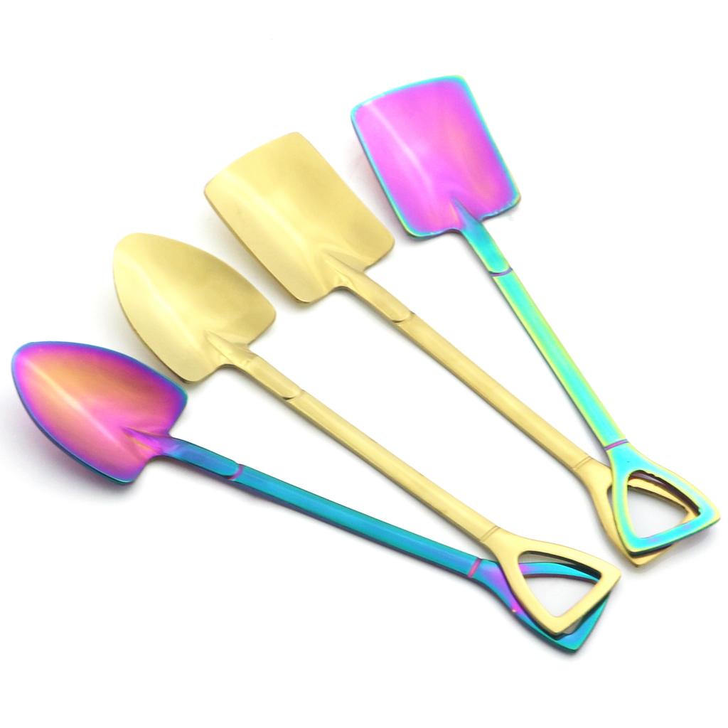 Rainbow Stainless Steel Shovel Spoon Set Ice Cream Stirring Spoon Tool Creative Teaspoon Dessert Coffee Spoon Party Cutlery Set