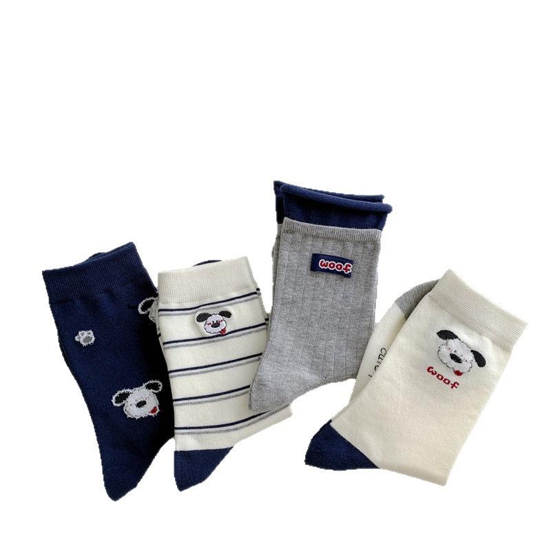 Boneless and Cute Style Flocked Embroidered Puppy Mid-calf Socks, Double Flared Striped Fabric Label Socks, Pure Cotton for Women