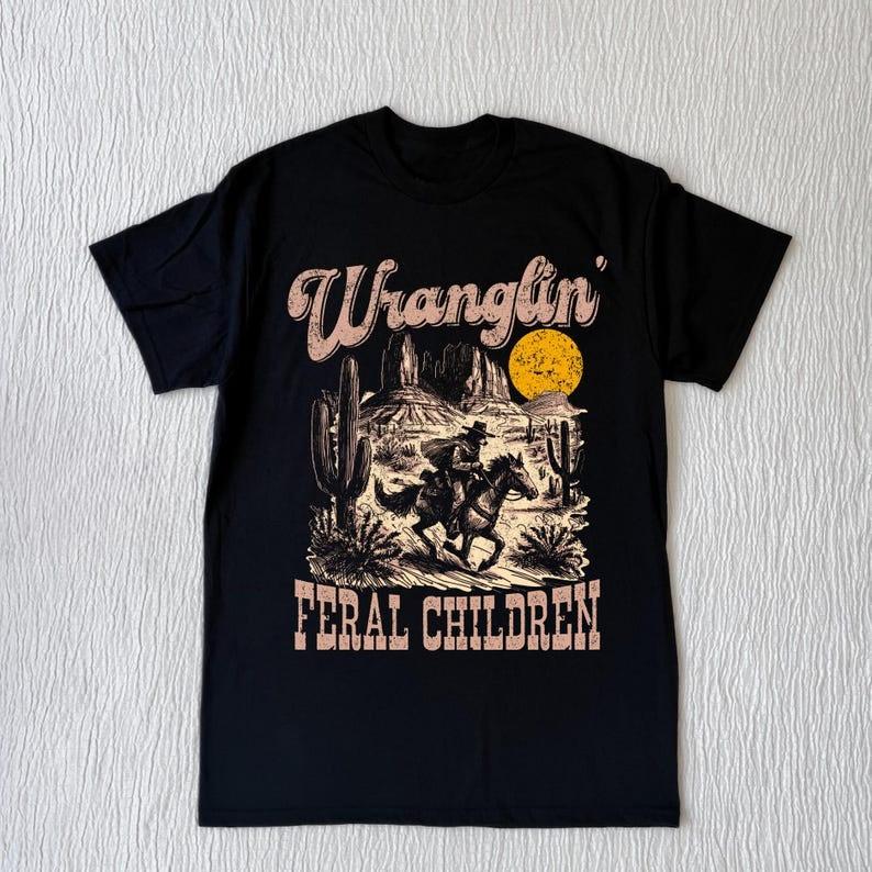 Vintage Wranglin  Feral Kids  Raccoon 90s Western Print Shirt Vintage Western Raccoon Dessert Cool Teen Gift Gift Tee Tops 4XL