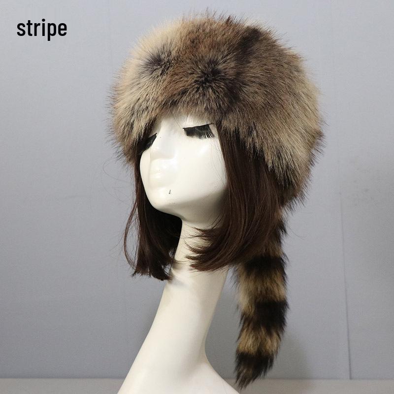 

Women s Faux Fur Hat with Rabbit Fur, Flat Top, and Raccoon Tail Ear Protection for Autumn and Winter One Size