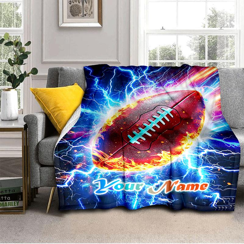 1PC Custom Name Electric Football Power flannel blanket versatile, all-season throw suitable for the living room, bedroom, camping, travel, and gift