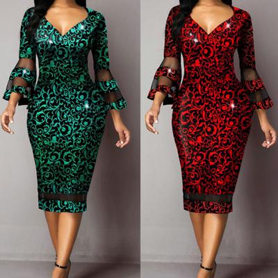 V-neck Net Yarn Stitching Midi Dress Waist Tight Fashionable Print 45720 Flare Sleeve