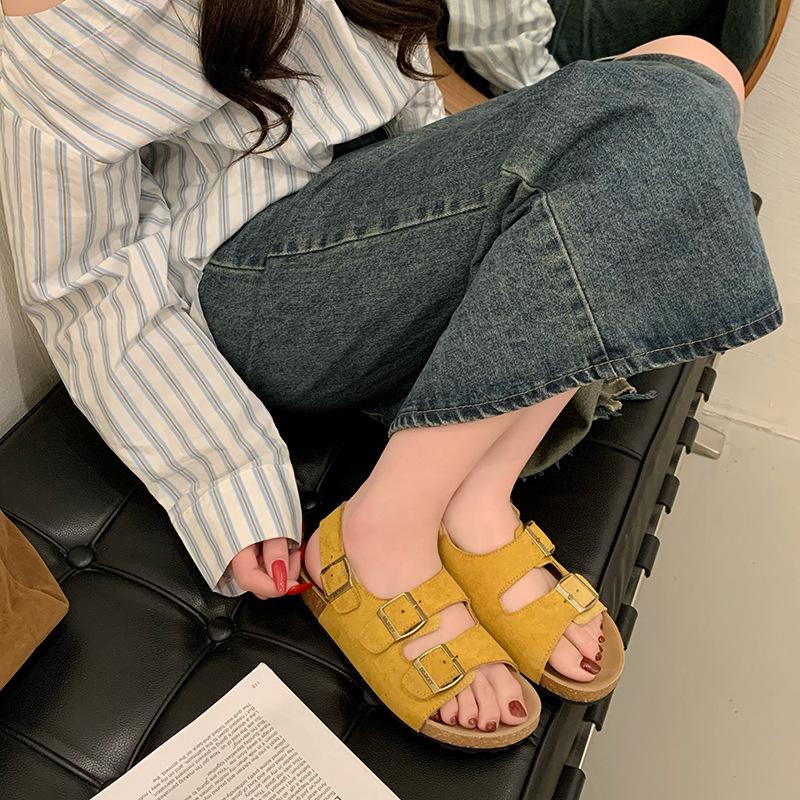 Sarı kalın tabanlı Birkenstock kalın tabanlı tek bantlı sandaletler kadın yazlık yüksek kaliteli serin terlikler