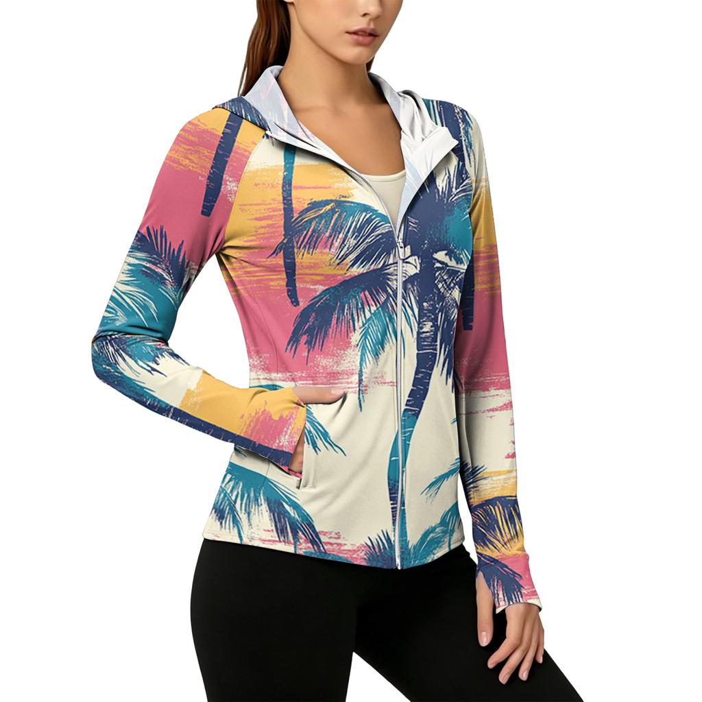 Women's Lightweight Zip-Up Hoodie with Hood and Pockets Hawaiian Print Long Sleeve Sun Protection Jacket for Outdoor Activities