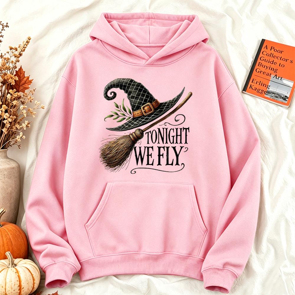 Tonight We Fly Witch Broom Hoodies Women Autumn Halloween Graphic Sweatshirt Loose Casual Long Sleeve Pullover Aesthetic Tops