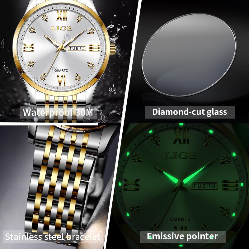 LIGE Men's Large Dial Quartz Watch - Waterproof Luminous with Double Calendar and Steel Strap