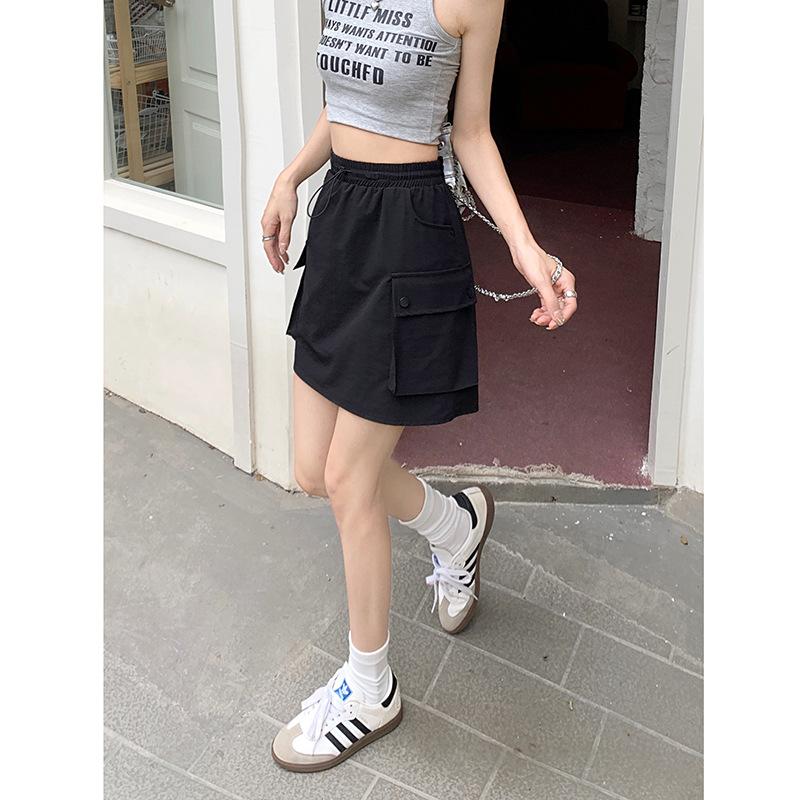 

Elastic waist drawstring tooling skirt women s summer new spicy cool high waist design sense niche A-word skirt S чёрный