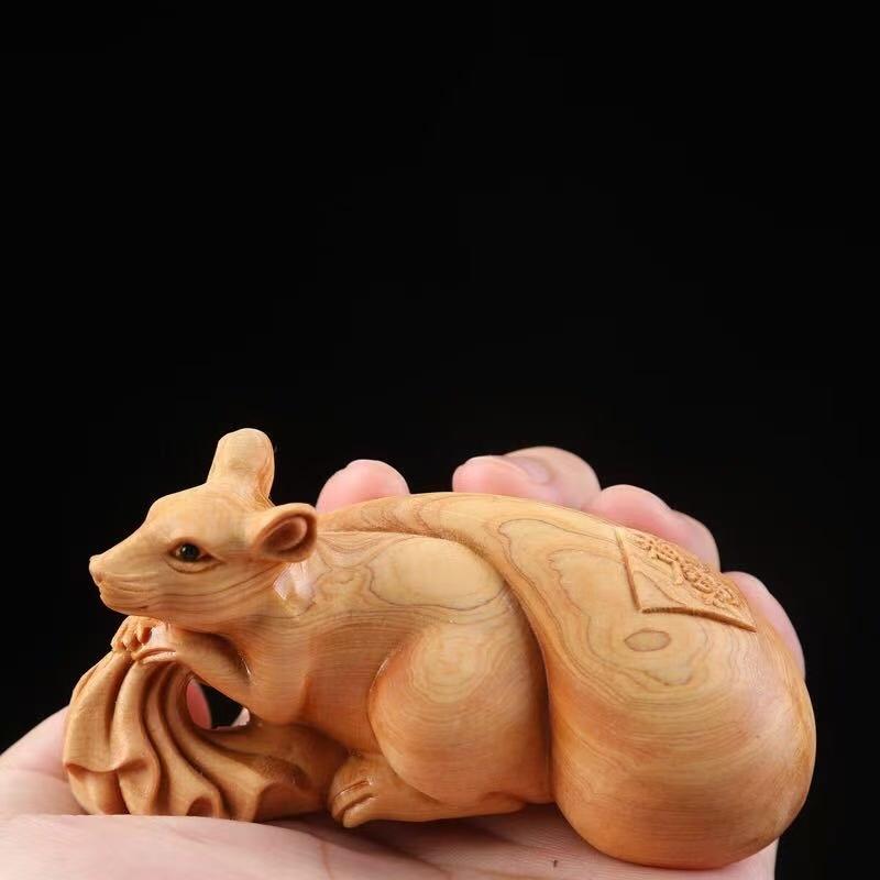 Wood Carving Zodiac Rat Attracting Wealth Sculptures Figurines Cute Small Animals Home Room Office Wealth Luck  Decor
