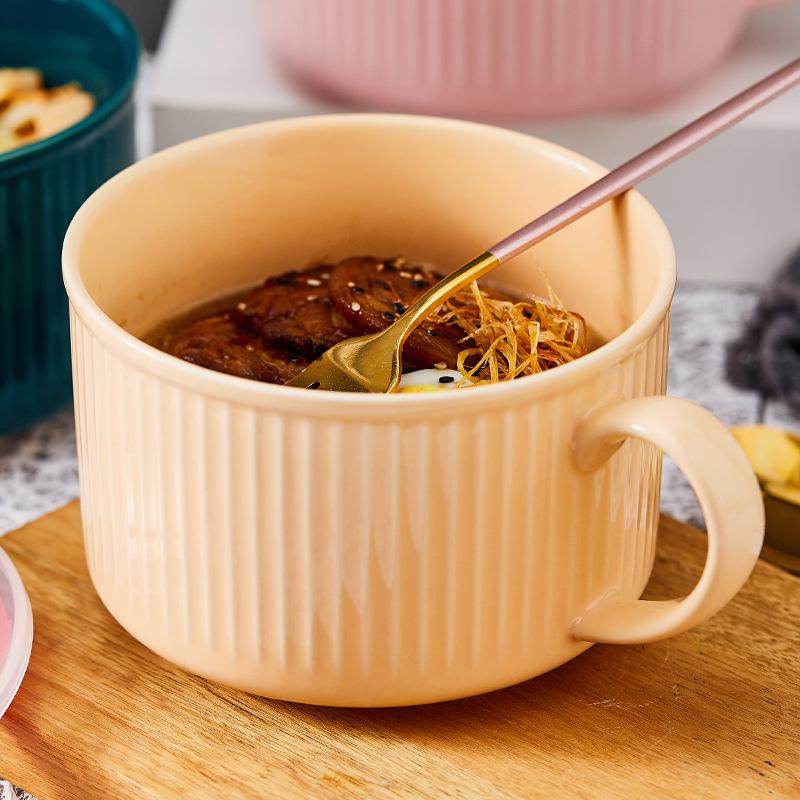 Nordic Ceramic Noodle Bowl with Lid Single Ear Design for Home Office Student Dormitory