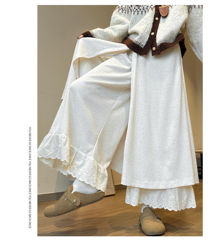 Women's Patchwork Lace Trim High-Waisted Wide-Leg Pants: Versatile, Slimming, Plus Velvet for Autumn/Winter 2025.